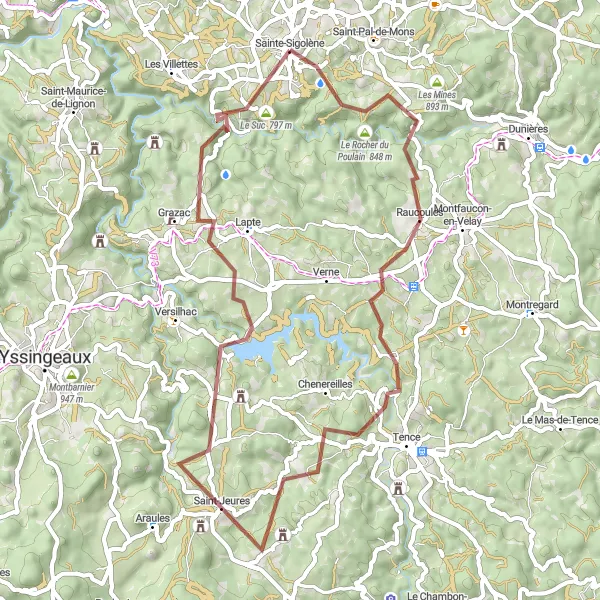 Map miniature of "The Gravel Adventure" cycling inspiration in Auvergne, France. Generated by Tarmacs.app cycling route planner