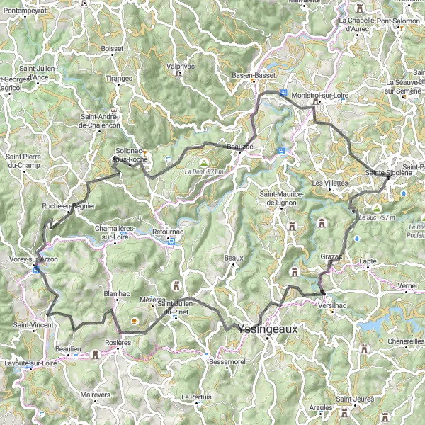 Map miniature of "The Challenging Road Route through Mont Barret" cycling inspiration in Auvergne, France. Generated by Tarmacs.app cycling route planner