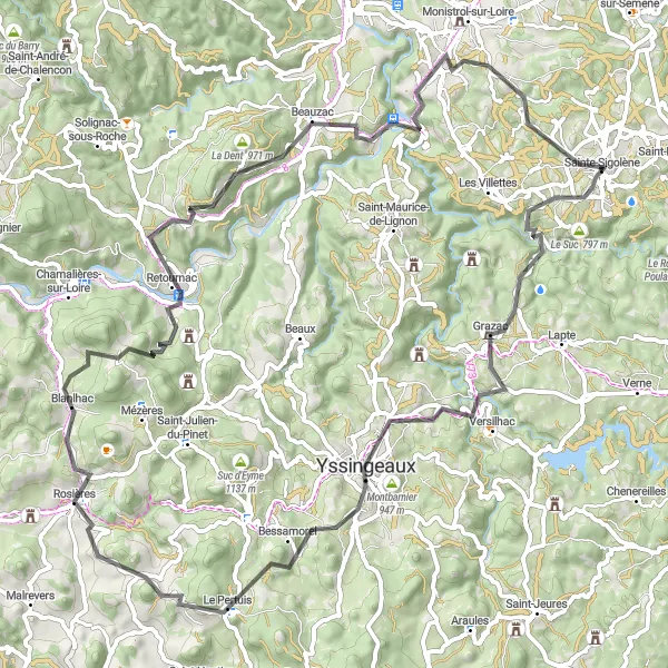 Map miniature of "The Challenging Road Route of Rosières and Confolent" cycling inspiration in Auvergne, France. Generated by Tarmacs.app cycling route planner