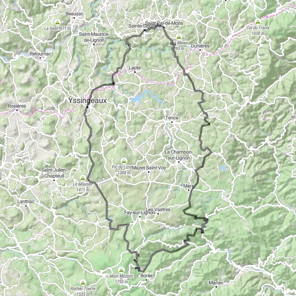 Map miniature of "Challenging road cycling route from Sainte-Sigolène" cycling inspiration in Auvergne, France. Generated by Tarmacs.app cycling route planner