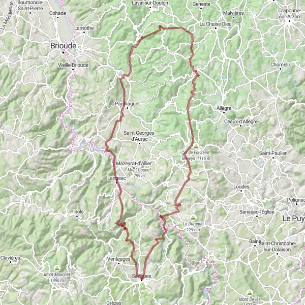 Miniature de la carte de l'inspiration cycliste "Les Sommets de l'Allier" dans la Auvergne, France. Générée par le planificateur d'itinéraire cycliste Tarmacs.app