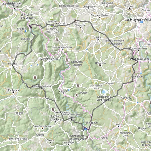 Miniature de la carte de l'inspiration cycliste "Tour panoramique depuis Saugues - Route des Vallées" dans la Auvergne, France. Générée par le planificateur d'itinéraire cycliste Tarmacs.app