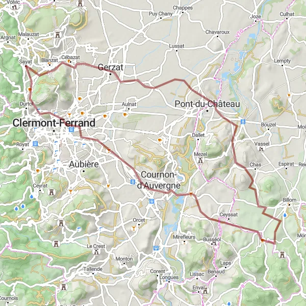 Miniature de la carte de l'inspiration cycliste "Sentiers Secrets de l'Auvergne" dans la Auvergne, France. Générée par le planificateur d'itinéraire cycliste Tarmacs.app