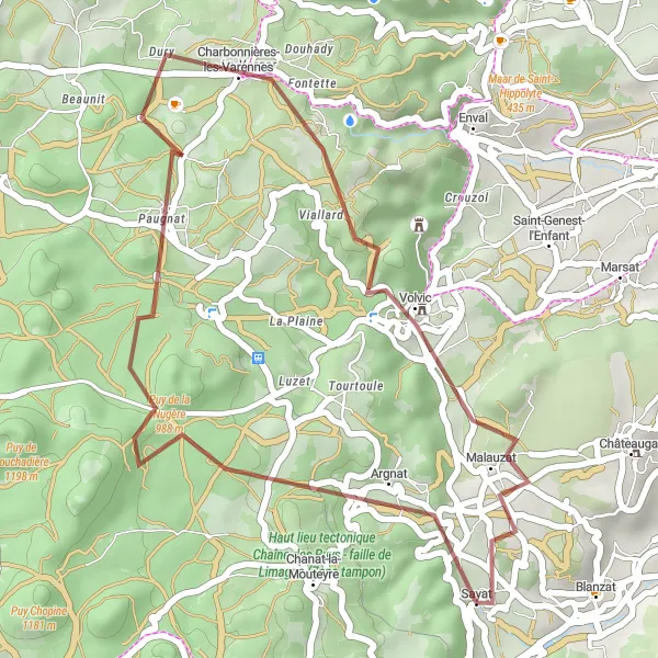 Map miniature of "Gravel Adventure in Auvergne" cycling inspiration in Auvergne, France. Generated by Tarmacs.app cycling route planner