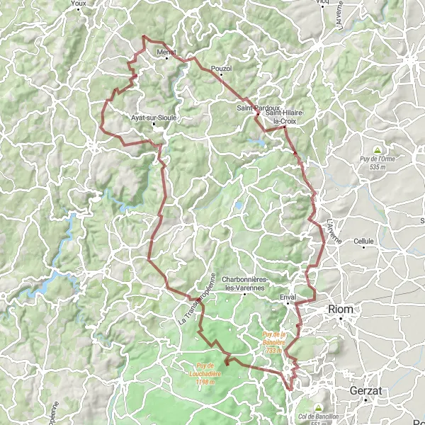 Map miniature of "Gravel Exploration: Through Volcanic Landscapes" cycling inspiration in Auvergne, France. Generated by Tarmacs.app cycling route planner