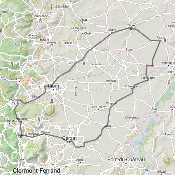 Miniature de la carte de l'inspiration cycliste "La boucle des villages pittoresques de Riom et Saint-Laure" dans la Auvergne, France. Générée par le planificateur d'itinéraire cycliste Tarmacs.app