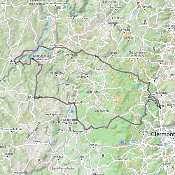 Map miniature of "Auvergne Road Cycling Challenge" cycling inspiration in Auvergne, France. Generated by Tarmacs.app cycling route planner