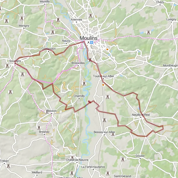 Map miniature of "Gravel Adventure: Coulandon to Neuilly-le-Réal" cycling inspiration in Auvergne, France. Generated by Tarmacs.app cycling route planner