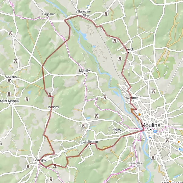 Map miniature of "Exploring Gravel Roads: Charnes to Souvigny" cycling inspiration in Auvergne, France. Generated by Tarmacs.app cycling route planner