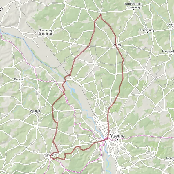 Map miniature of "Gravel Cycling Adventure near Souvigny" cycling inspiration in Auvergne, France. Generated by Tarmacs.app cycling route planner