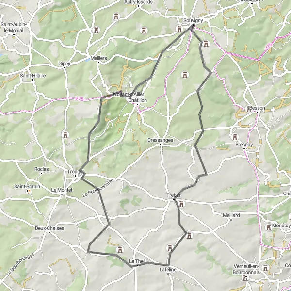 Map miniature of "Souvigny to Treban Loop" cycling inspiration in Auvergne, France. Generated by Tarmacs.app cycling route planner