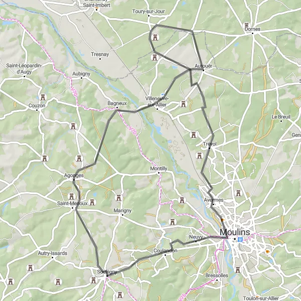 Map miniature of "Saint-Menoux to Souvigny Loop" cycling inspiration in Auvergne, France. Generated by Tarmacs.app cycling route planner