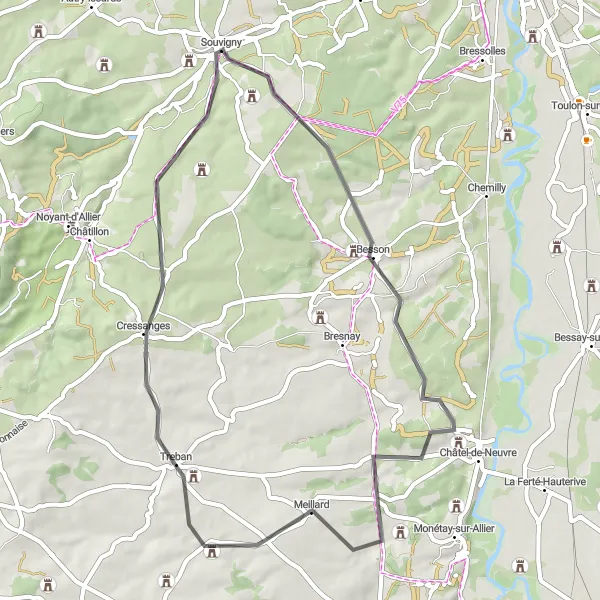 Map miniature of "Meandering Roads: Besson to Cressanges" cycling inspiration in Auvergne, France. Generated by Tarmacs.app cycling route planner