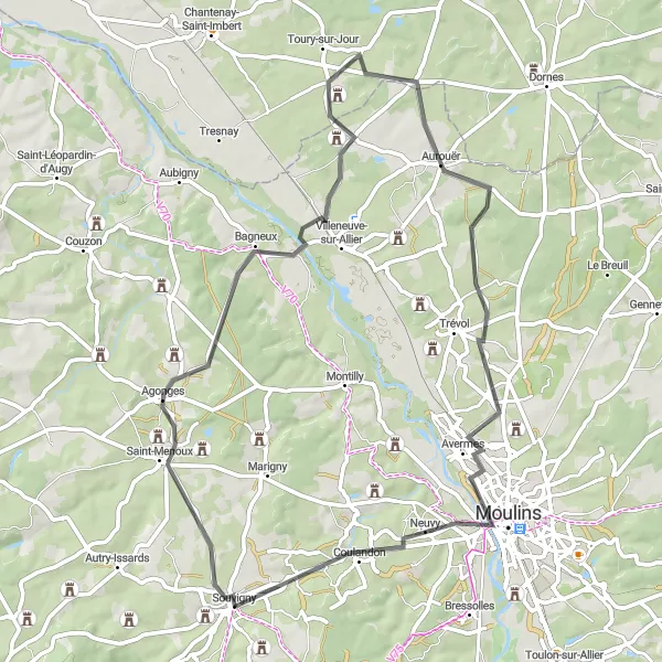 Map miniature of "Cycling Route around Souvigny" cycling inspiration in Auvergne, France. Generated by Tarmacs.app cycling route planner