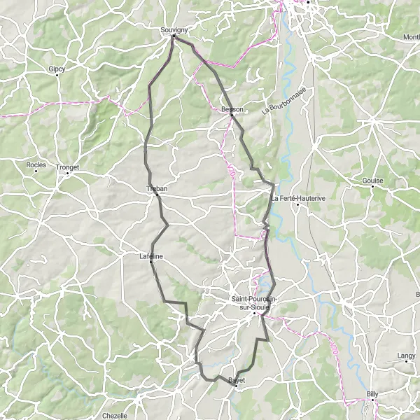 Map miniature of "Scenic Cycling Route near Souvigny" cycling inspiration in Auvergne, France. Generated by Tarmacs.app cycling route planner