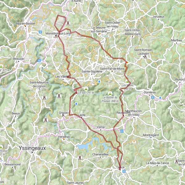 Miniature de la carte de l'inspiration cycliste "Parcours autour de Lapte et Raucoules" dans la Auvergne, France. Générée par le planificateur d'itinéraire cycliste Tarmacs.app
