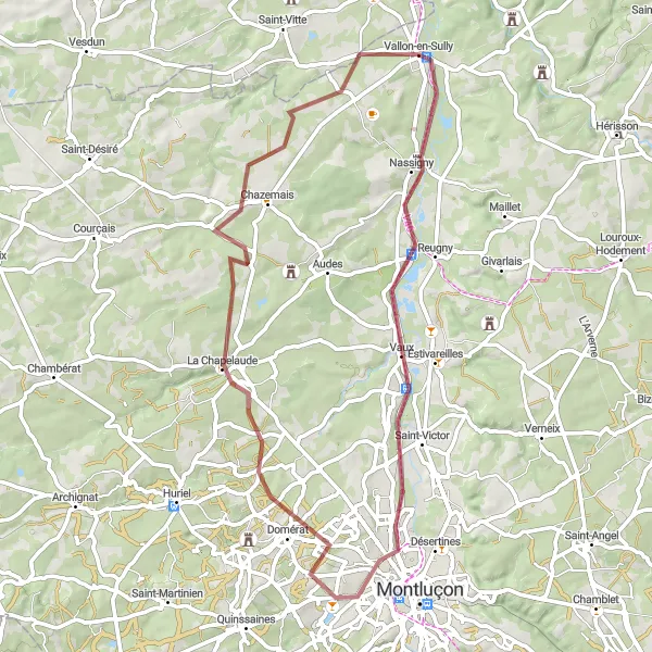 Miniature de la carte de l'inspiration cycliste "Les Collines et Châteaux Gravel" dans la Auvergne, France. Générée par le planificateur d'itinéraire cycliste Tarmacs.app