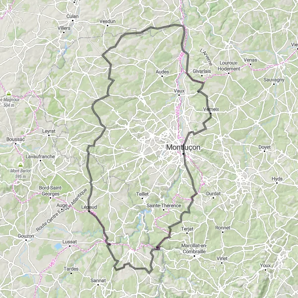 Map miniature of "The ultimate challenge: conquering Montluçon" cycling inspiration in Auvergne, France. Generated by Tarmacs.app cycling route planner