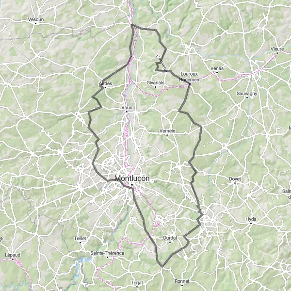 Map miniature of "A ride through history and natural beauty" cycling inspiration in Auvergne, France. Generated by Tarmacs.app cycling route planner