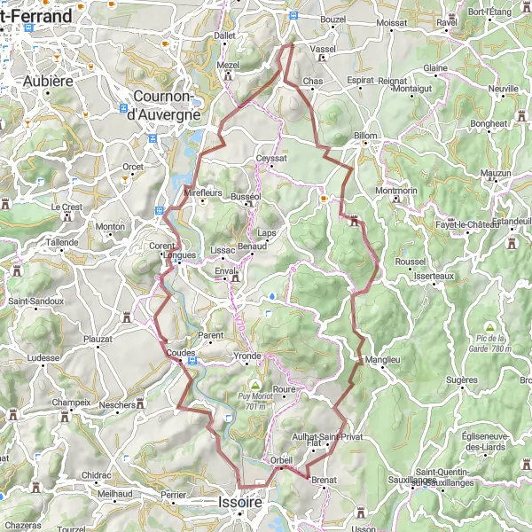 Miniature de la carte de l'inspiration cycliste "Les Chemins de l'Allier" dans la Auvergne, France. Générée par le planificateur d'itinéraire cycliste Tarmacs.app