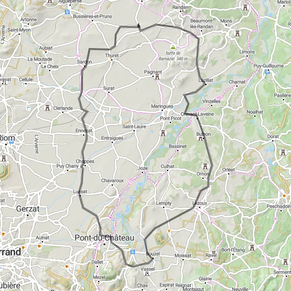 Miniature de la carte de l'inspiration cycliste "Boucle du Château" dans la Auvergne, France. Générée par le planificateur d'itinéraire cycliste Tarmacs.app