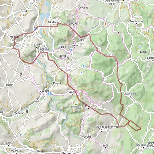 Map miniature of "Veyre-Monton to Puy Moriot Gravel Route" cycling inspiration in Auvergne, France. Generated by Tarmacs.app cycling route planner