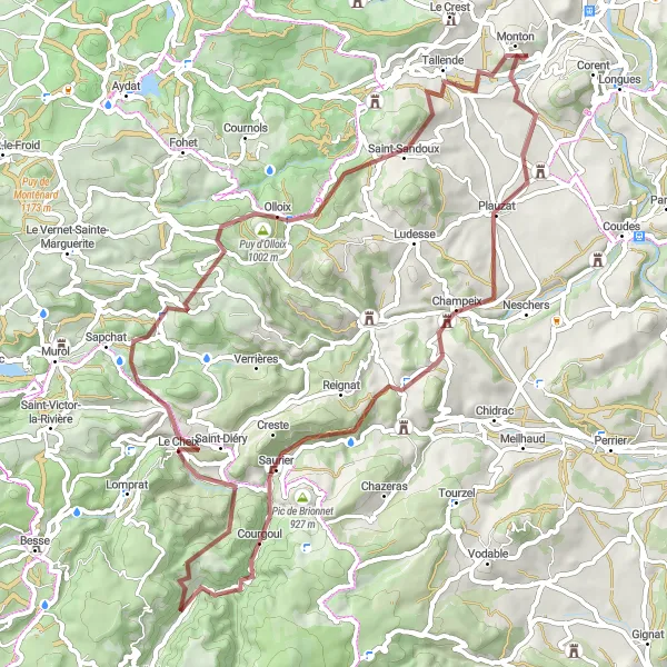 Map miniature of "Challenging Gravel Loop" cycling inspiration in Auvergne, France. Generated by Tarmacs.app cycling route planner