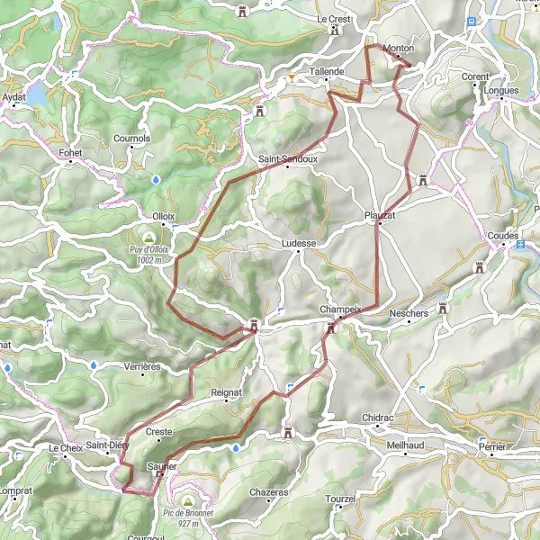 Miniature de la carte de l'inspiration cycliste "Challenge des Volcans et des Vallées" dans la Auvergne, France. Générée par le planificateur d'itinéraire cycliste Tarmacs.app