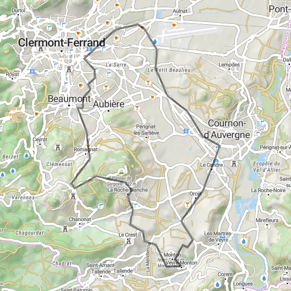 Map miniature of "Veyre-Monton to Plateau de Gergovie Road Route" cycling inspiration in Auvergne, France. Generated by Tarmacs.app cycling route planner