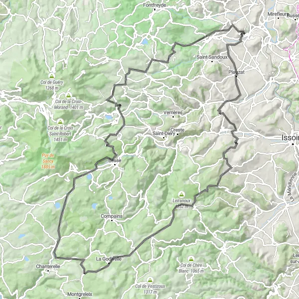 Map miniature of "The Volcano Traverse" cycling inspiration in Auvergne, France. Generated by Tarmacs.app cycling route planner