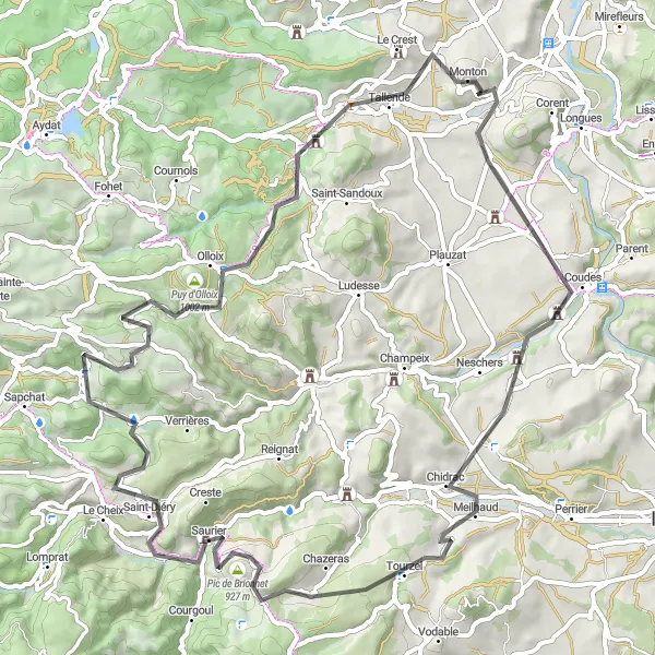 Miniature de la carte de l'inspiration cycliste "Les Montagnes d'Auvergne" dans la Auvergne, France. Générée par le planificateur d'itinéraire cycliste Tarmacs.app