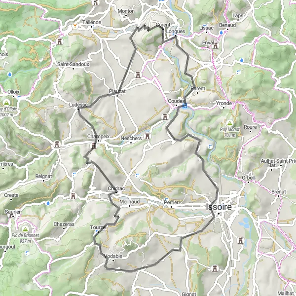 Miniature de la carte de l'inspiration cycliste "Les collines de Veyre-Monton" dans la Auvergne, France. Générée par le planificateur d'itinéraire cycliste Tarmacs.app