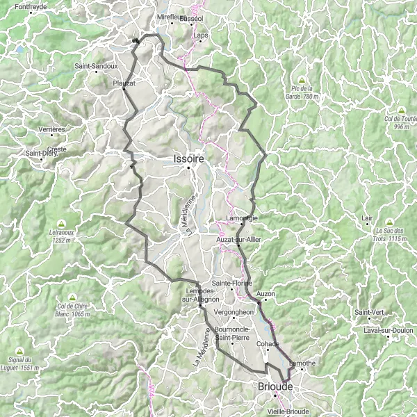 Map miniature of "Grand Tour de Volcanoes" cycling inspiration in Auvergne, France. Generated by Tarmacs.app cycling route planner