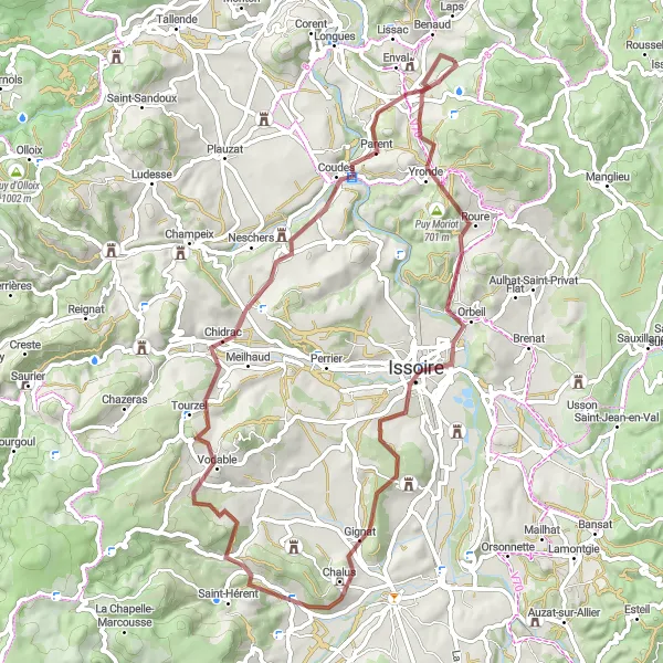 Miniature de la carte de l'inspiration cycliste "Circuit de Puy Moriot et Orbeil" dans la Auvergne, France. Générée par le planificateur d'itinéraire cycliste Tarmacs.app