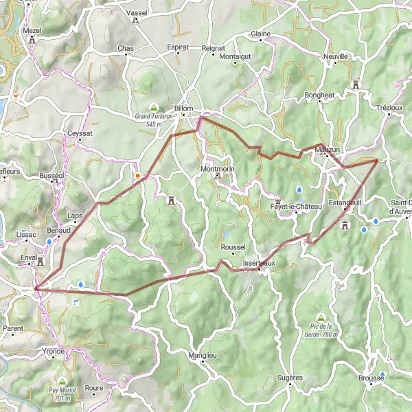 Miniature de la carte de l'inspiration cycliste "Les collines de Billom" dans la Auvergne, France. Générée par le planificateur d'itinéraire cycliste Tarmacs.app