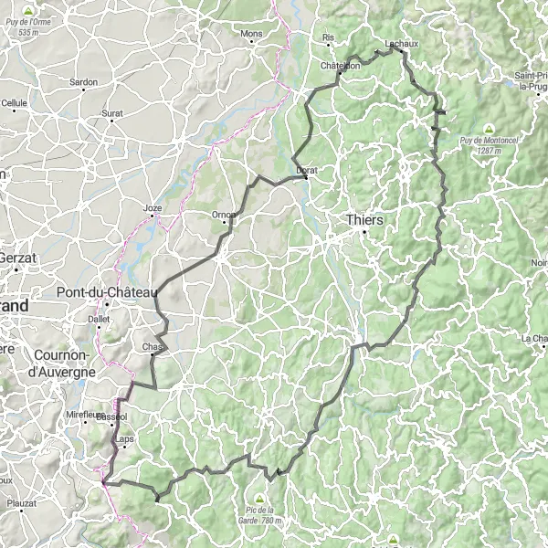 Miniature de la carte de l'inspiration cycliste "Les Montagnes du Puy-de-Dôme" dans la Auvergne, France. Générée par le planificateur d'itinéraire cycliste Tarmacs.app