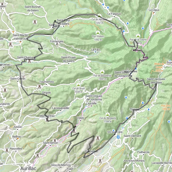 Map miniature of "Ultimate Alpine Challenge in Auvergne" cycling inspiration in Auvergne, France. Generated by Tarmacs.app cycling route planner