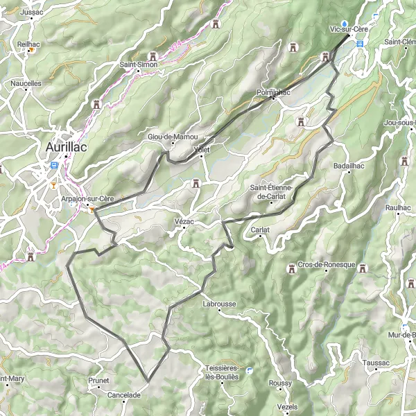 Miniature de la carte de l'inspiration cycliste "La Boucle des Vallées et Clochers" dans la Auvergne, France. Générée par le planificateur d'itinéraire cycliste Tarmacs.app