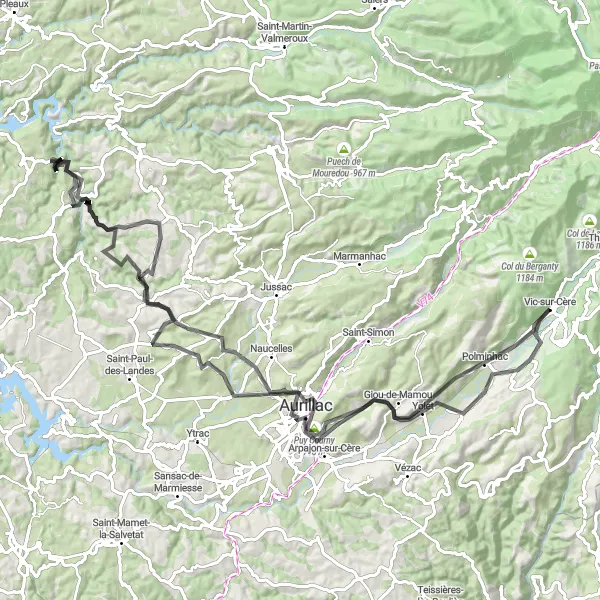 Map miniature of "Auvergne Road Cycling Adventure" cycling inspiration in Auvergne, France. Generated by Tarmacs.app cycling route planner
