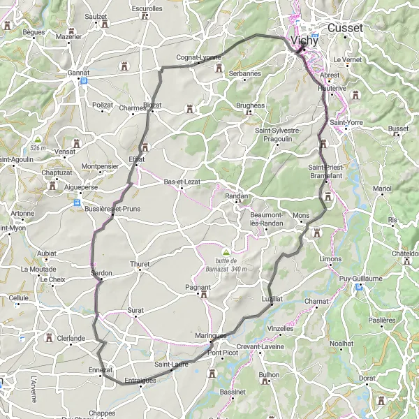 Map miniature of "Vichy to Bellerive-sur-Allier Route" cycling inspiration in Auvergne, France. Generated by Tarmacs.app cycling route planner