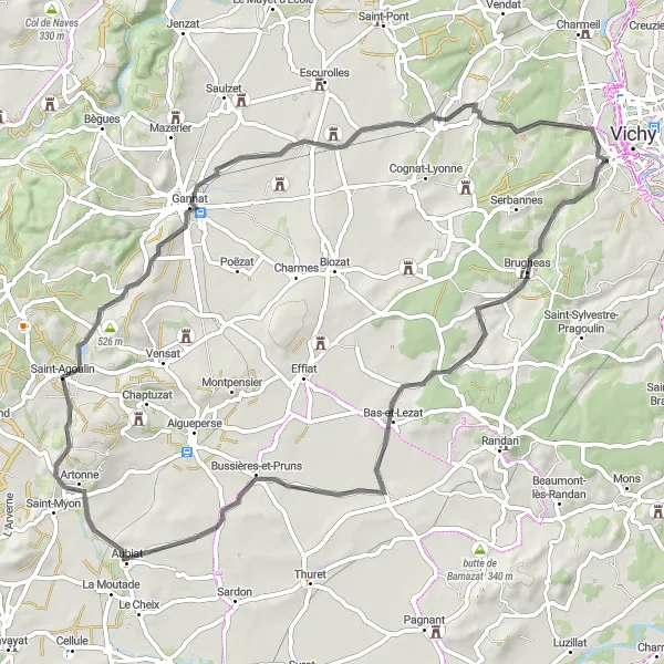 Miniature de la carte de l'inspiration cycliste "La Route des Collines Road Loop" dans la Auvergne, France. Générée par le planificateur d'itinéraire cycliste Tarmacs.app