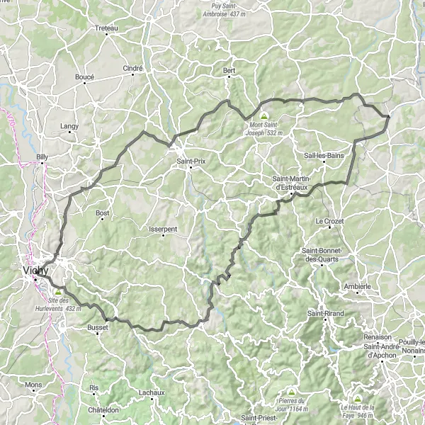 Miniature de la carte de l'inspiration cycliste "Boucle des Montagnes de l'Allier" dans la Auvergne, France. Générée par le planificateur d'itinéraire cycliste Tarmacs.app