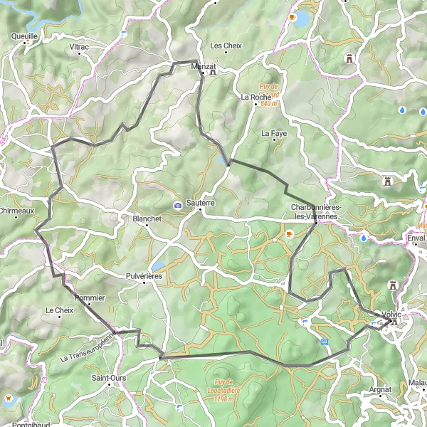 Miniature de la carte de l'inspiration cycliste "Parcours panoramique de Volvic et ses environs" dans la Auvergne, France. Générée par le planificateur d'itinéraire cycliste Tarmacs.app