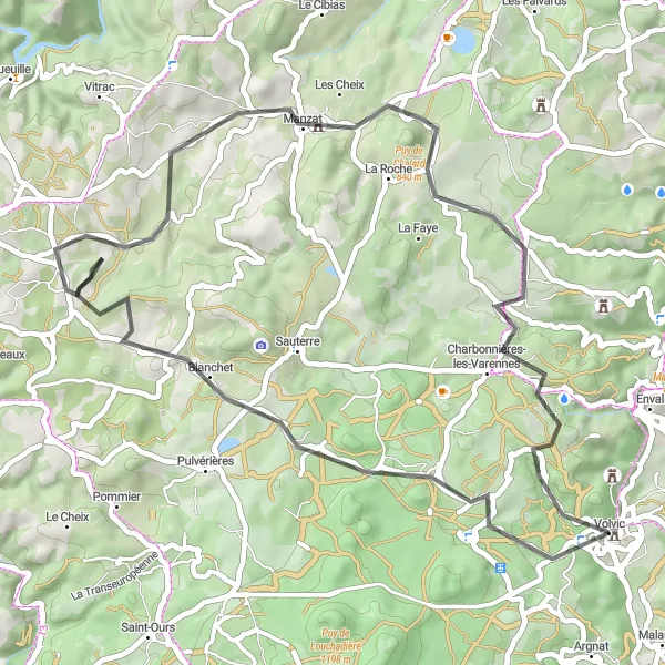 Map miniature of "Volvic Loop" cycling inspiration in Auvergne, France. Generated by Tarmacs.app cycling route planner