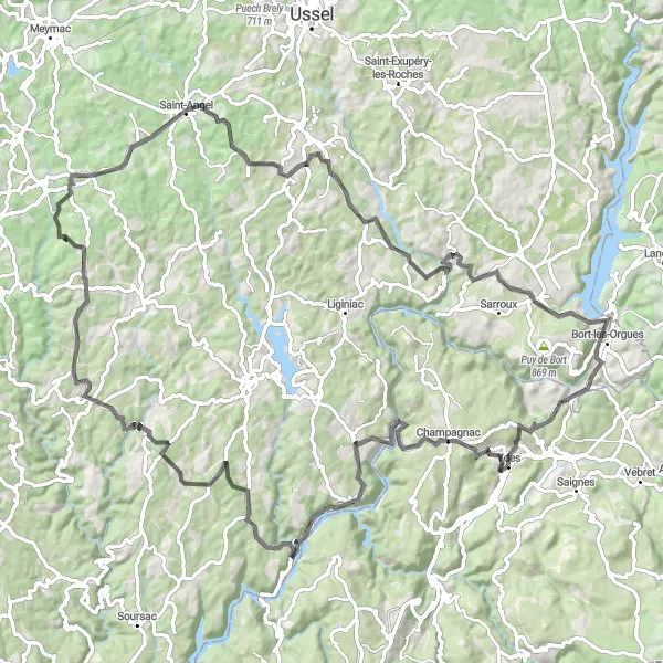 Map miniature of "The Mountains and Valleys of Auvergne" cycling inspiration in Auvergne, France. Generated by Tarmacs.app cycling route planner