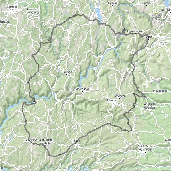 Map miniature of "Bassignac and Château de Montbrun Cycling Adventure" cycling inspiration in Auvergne, France. Generated by Tarmacs.app cycling route planner