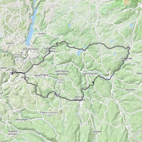 Map miniature of "The Champs-sur-Tarentaine Circuit" cycling inspiration in Auvergne, France. Generated by Tarmacs.app cycling route planner