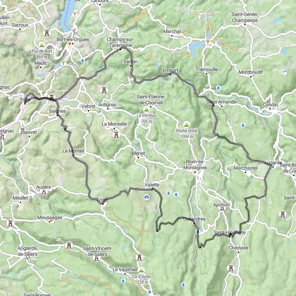 Map miniature of "Glimpses of Natural Beauty" cycling inspiration in Auvergne, France. Generated by Tarmacs.app cycling route planner