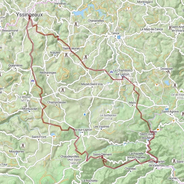 Miniature de la carte de l'inspiration cycliste "Parcours gravel à travers les Monts d'Ardèche" dans la Auvergne, France. Générée par le planificateur d'itinéraire cycliste Tarmacs.app