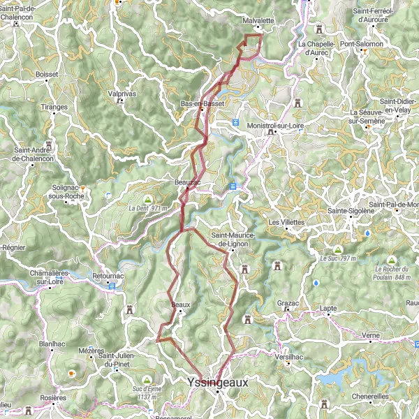 Miniature de la carte de l'inspiration cycliste "Aventure gravel à travers les Monts du Livradois-Forez" dans la Auvergne, France. Générée par le planificateur d'itinéraire cycliste Tarmacs.app